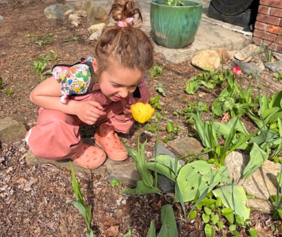 A young girl crouching in a garden bed to lean in close and smell a yellow tulip
