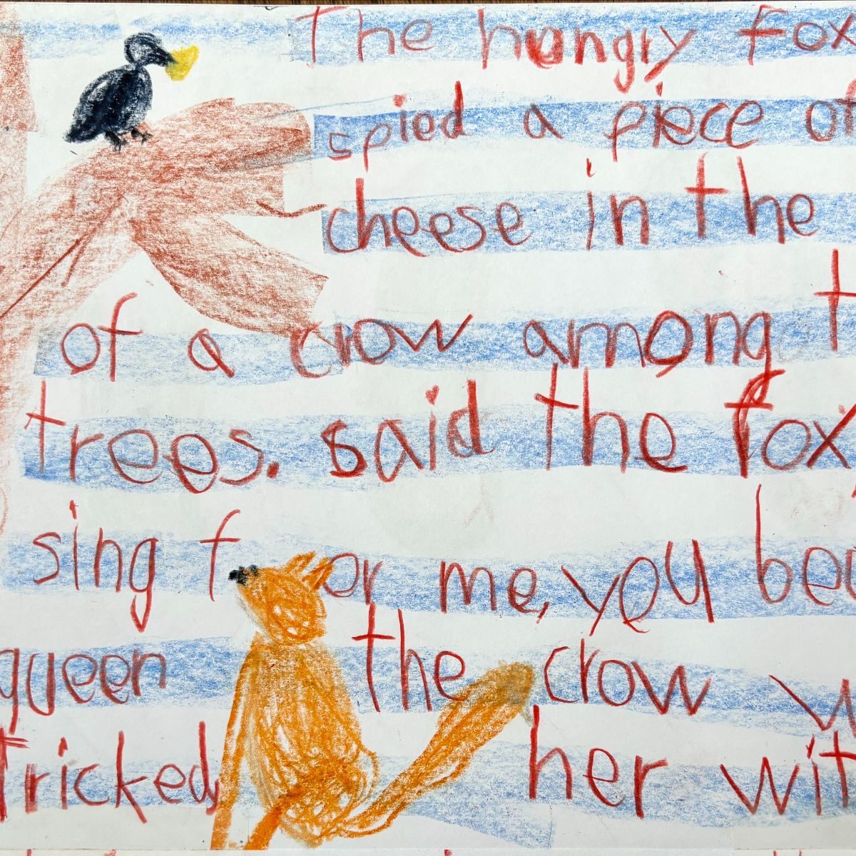 An illustrated fable written out on the classroom chalkboard